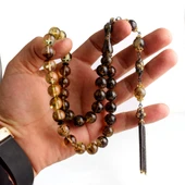 11 mm Fosilli Damla Kehribar Tesbih Çift Renk 925 Ayar Gümüş Püsküllü thumbnail 3