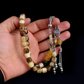 925 Ayar Gümüş Püsküllü Kapsül Kesim Çöp Fosilli Damla Kehribar Tesbih thumbnail 3