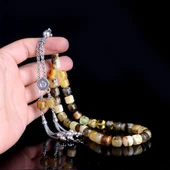 925 Ayar Gümüş Püsküllü Kapsül Kesim Çöp Fosilli Damla Kehribar Tesbih thumbnail 4