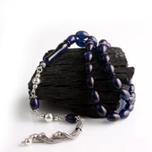 925 ayar Gümüş Püsküllü Parlament Mavisi Arpa Kesim Ateş Kehribar Tesbih thumbnail 2