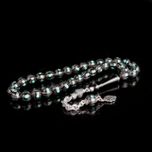 Erzurum Oltu Taşı Üzerine Firuze İşleme 925 Ayar Gümüş Püsküllü Tesbih thumbnail 2