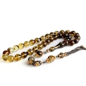 11 mm Fosilli Damla Kehribar Tesbih Çift Renk 925 Ayar Gümüş Püsküllü thumbnail 2