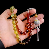 925 Ayar Gümüş Püsküllü 11mm Süzme Renk Damla Kehribar Tesbih thumbnail 3