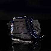 925 Ayar Gümüş Püsküllü Kapsül Kesim Mavi Renk Damla Kehribar Tesbih thumbnail 2