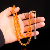 925 Ayar Gümüş Mineli Püsküllü Sarı Renk Ateş Kehribar Tesbih thumbnail 3