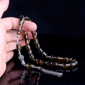 925 Ayar Gümüş Püsküllü Kapsül Kesim Çöp Fosilli Damla Kehribar Tesbih thumbnail 4