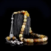 925 Ayar Gümüş Püsküllü Kapsül Kesim Çöp Fosilli Damla Kehribar Tesbih thumbnail 1