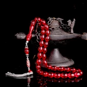 925 Ayar Gümüş Mineli Püsküllü Kırmızı Renk Ateş Kehribar Tesbih thumbnail 1