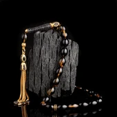 925 Ayar Gümüş Zirkon Taşlı Set Püsküllü Çift Renk Ateş Kehribar Tesbih thumbnail 1