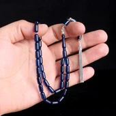 925 Ayar Gümüş Püsküllü Kapsül Kesim Mavi Renk Damla Kehribar Tesbih thumbnail 3