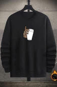 Unisex Tupac Coffee Baskılı Bisiklet Yaka Sweatshirt - 1