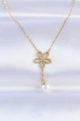 316L Çelik Zincir Gold Renk İnci Detay Çiçek Kolye - TJ-BKO8730 - 1