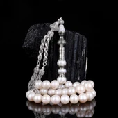 ÖZEL TASARIM GÜMÜŞ  NAKKAŞ İMAME 10 mm İNCİ TAŞI TESBİH thumbnail 3