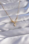 316L Çelik Zincir Gold Renk Zirkon Taşlı Yarım Fiyonk Kalp Kolye - TJ-BKO8789 - 1