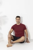 Erkek Kısa Kol-Şort Üst Bordo Alt Siyah Ekoseli Pijama Takımı - 1