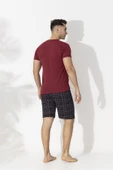 Erkek Kısa Kol-Şort Üst Bordo Alt Siyah Ekoseli Pijama Takımı - 3