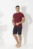 Erkek Kısa Kol-Şort Üst Bordo Alt Siyah Ekoseli Pijama Takımı - 2