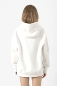 Beyaz Kadın Kanguru Cepli Basic Kapşonlu Sweatshirt - 5