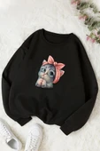 Unisex Sevimli Kedi Baskılı Bisiklet Yaka Sweatshirt - 1