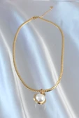 316L Çelik Gold Renk Yassı Zincir İnci Taşlı Kolye - TJ-BKO8903 - 3