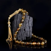 Zirkon Set Gümüş Püsküllü Çöp Fosilli Damla Kehribar Tesbih thumbnail 1