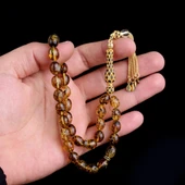 Zirkon Set Gümüş Püsküllü Çöp Fosilli Damla Kehribar Tesbih thumbnail 3