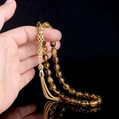 Zirkon Set Gümüş Püsküllü Çöp Fosilli Damla Kehribar Tesbih thumbnail 4