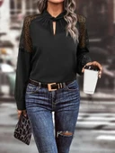 Lucky Life Kadın Uzun Kollu Anahtar Deliği Yaka Reglan Kol Dantel Detaylı Ithal Krep Bluz thumbnail 4