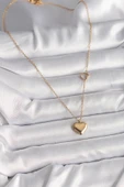 316L Çelik Gold Renk Zincir Kalp Detay Kalp Figür Kadın Kolye - TJ-BKO9774 thumbnail 2