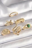 Pirinç Gold Renk İşlemeli Yılan Model Kelebek Detay 6'Lı Kadın Yüzük Seti - TJ-BYK3611 - 1
