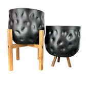Bitki Tasarımı Ev Dekorasyon Aksesuar Siyah Desenli Toprak Saksı Saksılık Salon Çiçeklik İkili Set 4 Ayak -3 Ayaklı 19 CM - 1