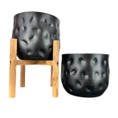 Bitki Tasarımı Ev Dekorasyon Aksesuar Siyah Desenli Toprak Saksı Saksılık Salon Çiçeklik İkili Set 4 Ayaklı - Ayaksız 19 CM thumbnail 1