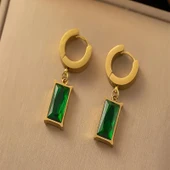 Gold Renk Antialerjik 316L Çelik Yeşil Taşlı Kolye ve Küpe Seti, Şık ve Zarif Tasarım thumbnail 3