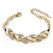 Gold Renk Yaprak Desenli Çelik Bileklik - Zirkon Taşlı, Ayarlanabilir Zincir, Şık ve Zarif Tasarım thumbnail 1