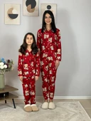Anne Kız Kombin Önden Düğmeli Bebe Yaka %100 Pamuk Teddy Ayıcık Desenli Pijama Takımı (Kırmızı) thumbnail 5