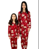 Anne Kız Kombin Önden Düğmeli Bebe Yaka %100 Pamuk Teddy Ayıcık Desenli Pijama Takımı (Kırmızı) thumbnail 1