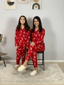 Anne Kız Kombin Önden Düğmeli Bebe Yaka %100 Pamuk Kalp Desenli Pijama Takımı (Kırmızı) thumbnail 2