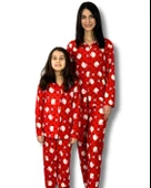 Anne Kız Kombin Önden Düğmeli Bebe Yaka %100 Pamuk Kitty Kedicik Desenli Pijama Takımı (Kırmızı) thumbnail 1