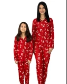 Anne Kız Kombin Önden Düğmeli Bebe Yaka %100 Pamuk Kalp Desenli Pijama Takımı (Kırmızı) thumbnail 1