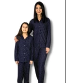 Anne Kız Kombin Önden Düğmeli Bebe Yaka %100 Pamuk Pijama Takımı (Lacivert Noktalı) - 1