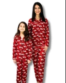 Anne Kız Kombin Önden Düğmeli Bebe Yaka %100 Pamuk Girl Desenli Pijama Takımı (Kırmızı) thumbnail 1