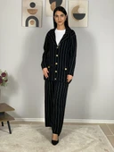 Kadın Ceket Yaka Gold Düğmeli Hırka ve Yüksek Bel Pantolon Alt Üst Triko Takım (Siyah) thumbnail 3