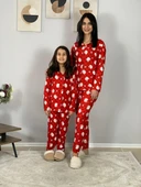Anne Kız Kombin Önden Düğmeli Bebe Yaka %100 Pamuk Kitty Kedicik Desenli Pijama Takımı (Kırmızı) thumbnail 3