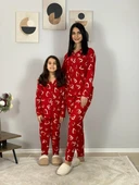 Anne Kız Kombin Önden Düğmeli Bebe Yaka %100 Pamuk Kalp Desenli Pijama Takımı (Kırmızı) thumbnail 4