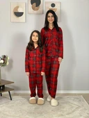 Anne Kız Kombin Önden Düğmeli Bebe Yaka %100 Pamuk Ekose Desenli Pijama Takımı (Kırmızı) - 5