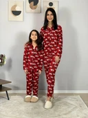 Anne Kız Kombin Önden Düğmeli Bebe Yaka %100 Pamuk Girl Desenli Pijama Takımı (Kırmızı) thumbnail 4