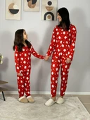 Anne Kız Kombin Önden Düğmeli Bebe Yaka %100 Pamuk Kitty Kedicik Desenli Pijama Takımı (Kırmızı) thumbnail 4