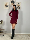 Kadın Mini Fitilli Kışlık Triko Elbise (Bordo) - 2