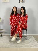 Anne Kız Kombin Önden Düğmeli Bebe Yaka %100 Pamuk Kitty Kedicik Desenli Pijama Takımı (Kırmızı) thumbnail 2