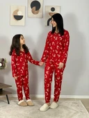 Anne Kız Kombin Önden Düğmeli Bebe Yaka %100 Pamuk Kalp Desenli Pijama Takımı (Kırmızı) thumbnail 5